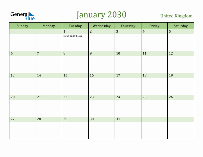 January 2030 Calendar with United Kingdom Holidays