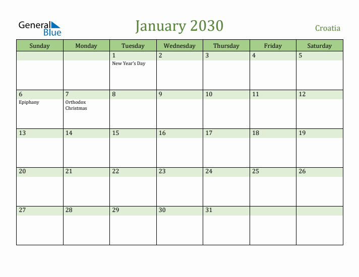 January 2030 Calendar with Croatia Holidays