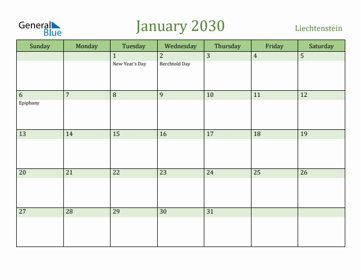 January 2030 Calendar with Liechtenstein Holidays