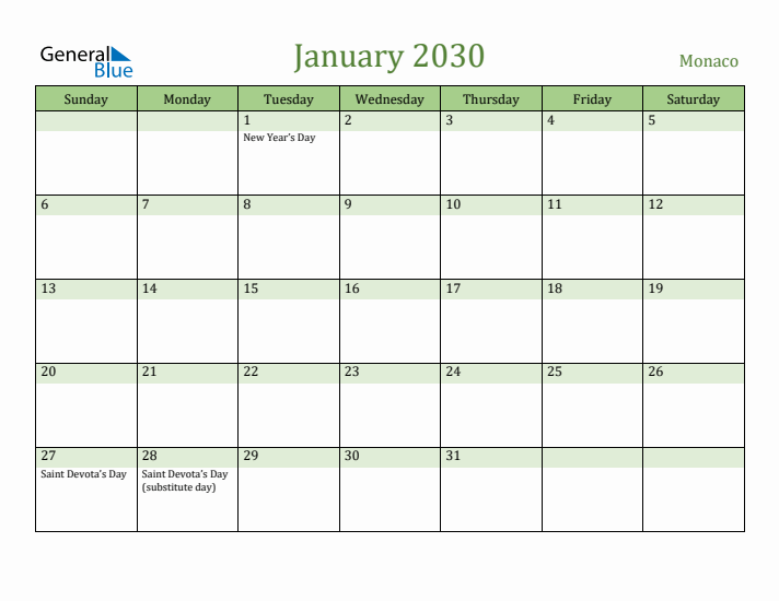 January 2030 Calendar with Monaco Holidays