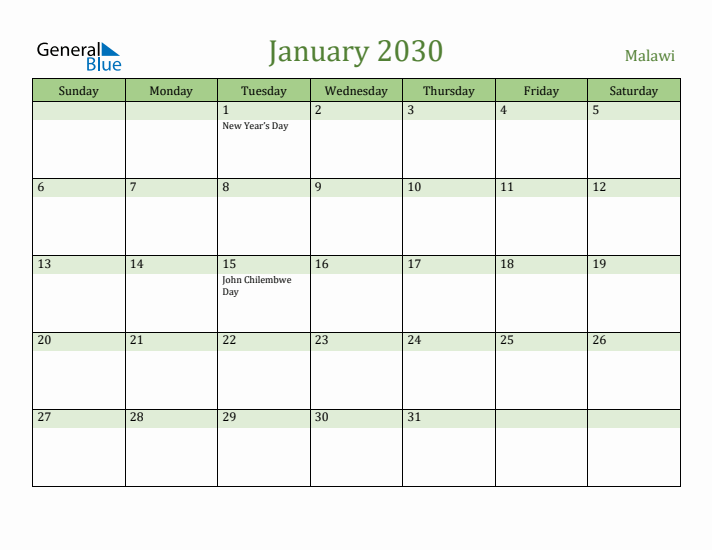 January 2030 Calendar with Malawi Holidays