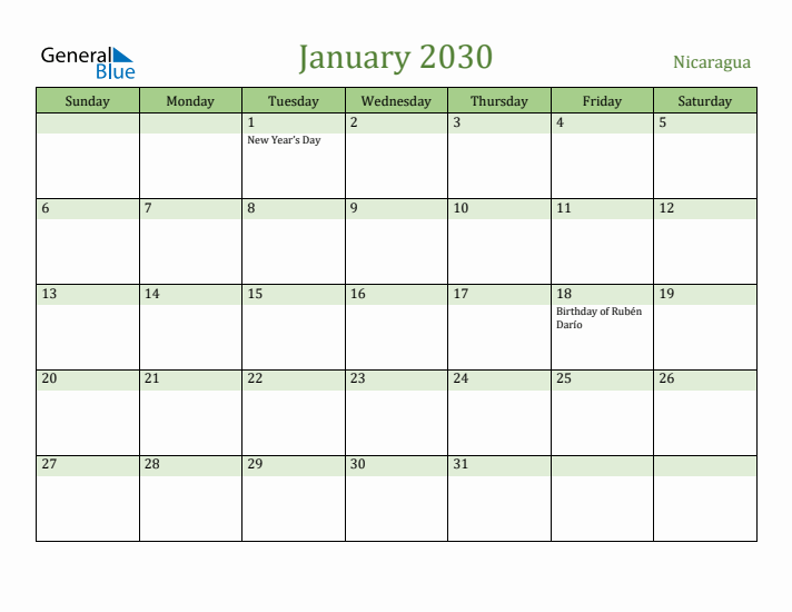 January 2030 Calendar with Nicaragua Holidays