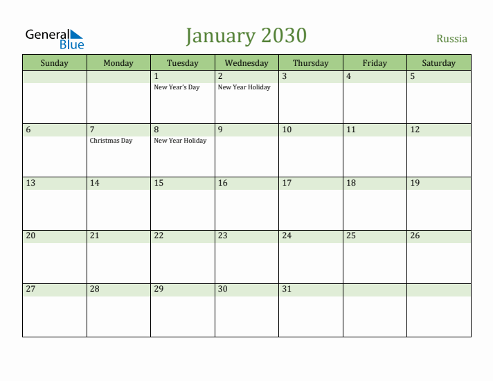 January 2030 Calendar with Russia Holidays