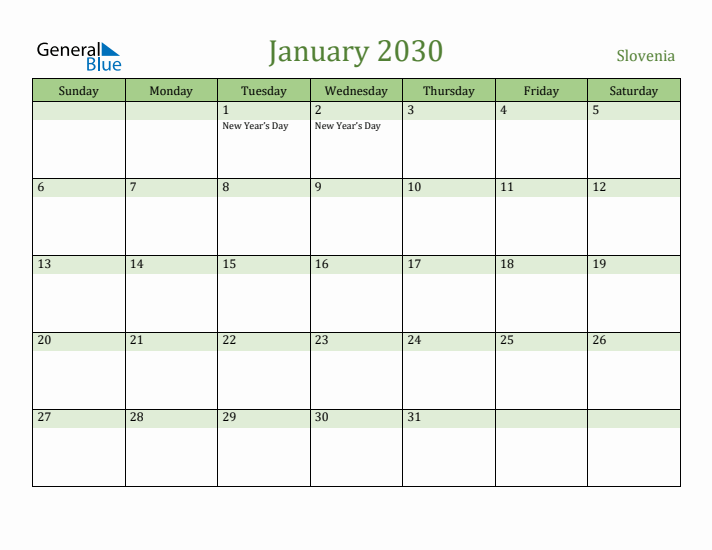 January 2030 Calendar with Slovenia Holidays