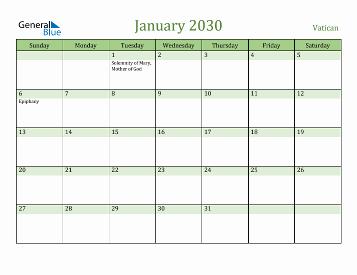 January 2030 Calendar with Vatican Holidays