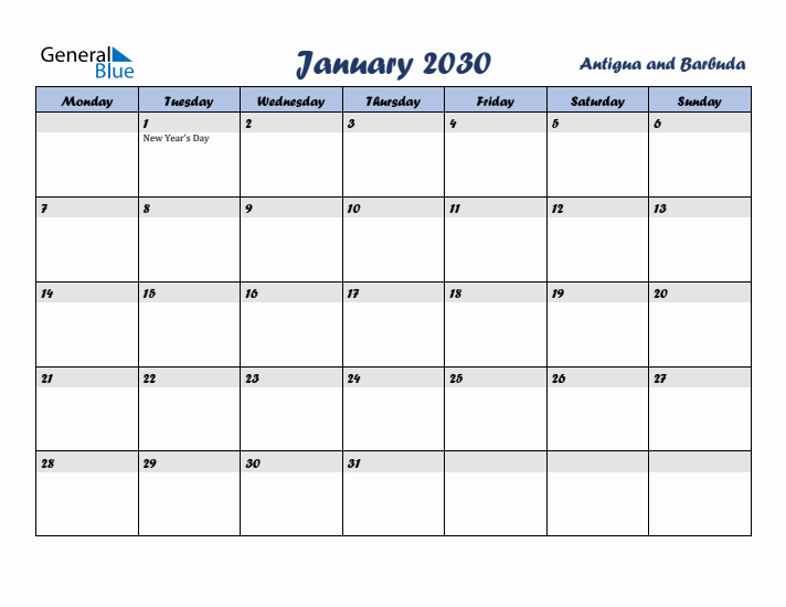 January 2030 Calendar with Holidays in Antigua and Barbuda