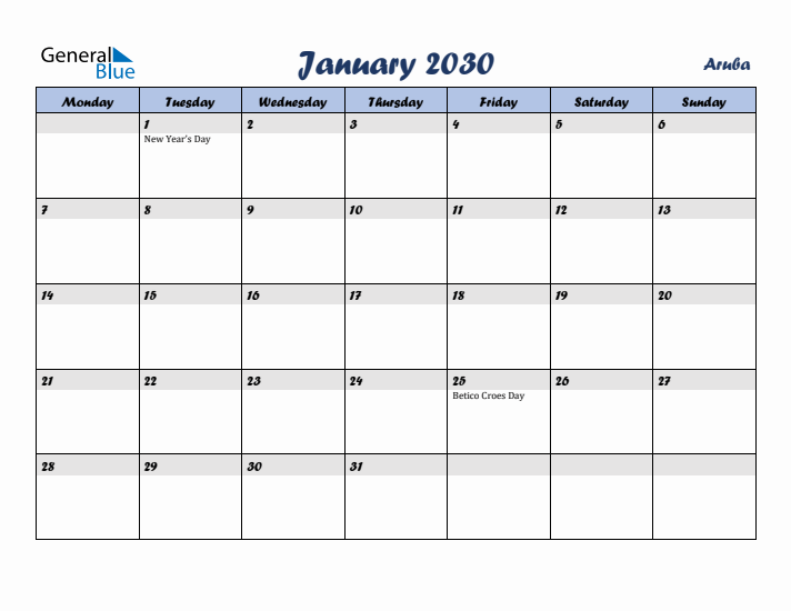 January 2030 Calendar with Holidays in Aruba