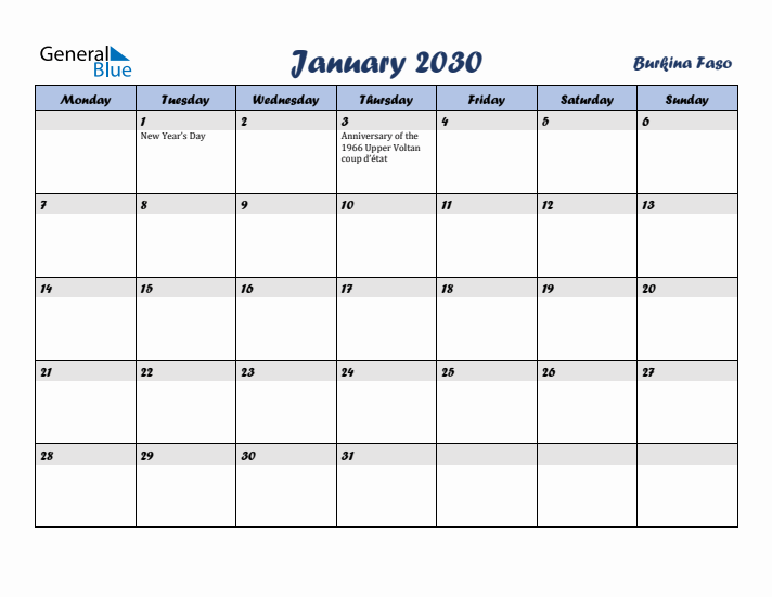 January 2030 Calendar with Holidays in Burkina Faso