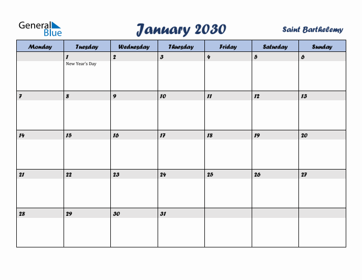 January 2030 Calendar with Holidays in Saint Barthelemy