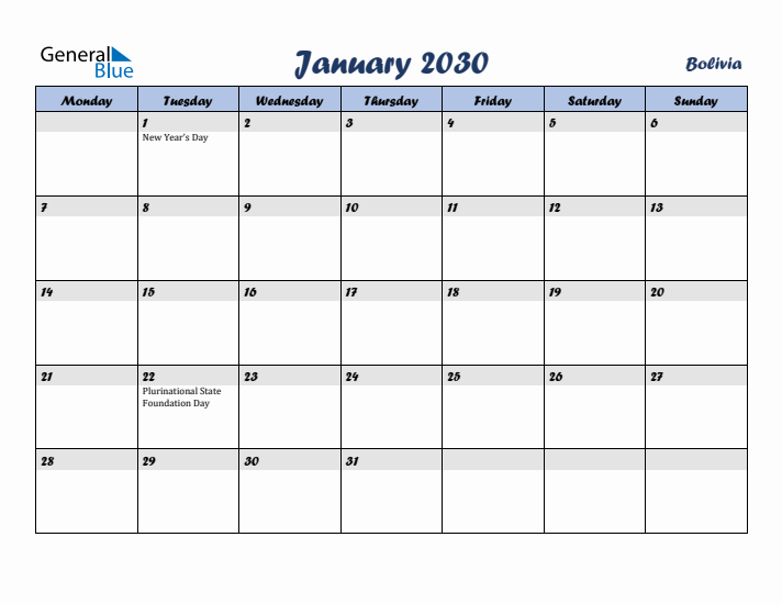 January 2030 Calendar with Holidays in Bolivia