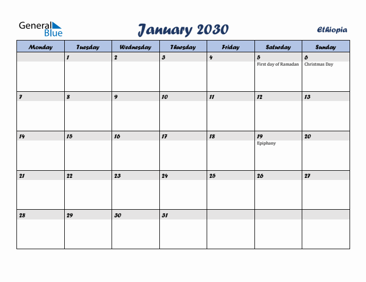 January 2030 Calendar with Holidays in Ethiopia