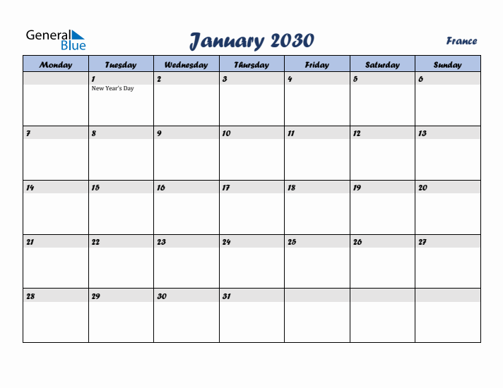 January 2030 Calendar with Holidays in France