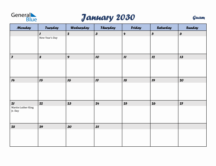 January 2030 Calendar with Holidays in Guam