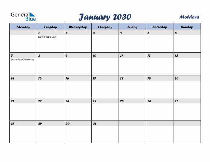 January 2030 Calendar with Holidays in Moldova