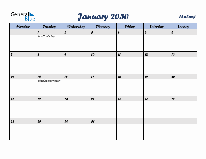 January 2030 Calendar with Holidays in Malawi