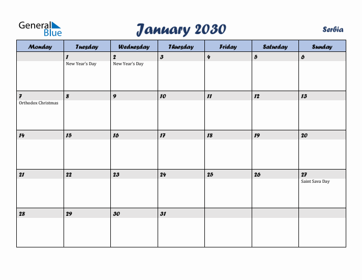 January 2030 Calendar with Holidays in Serbia