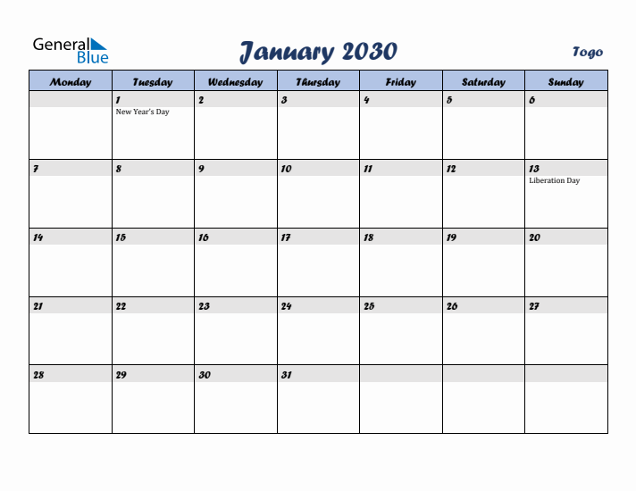 January 2030 Calendar with Holidays in Togo