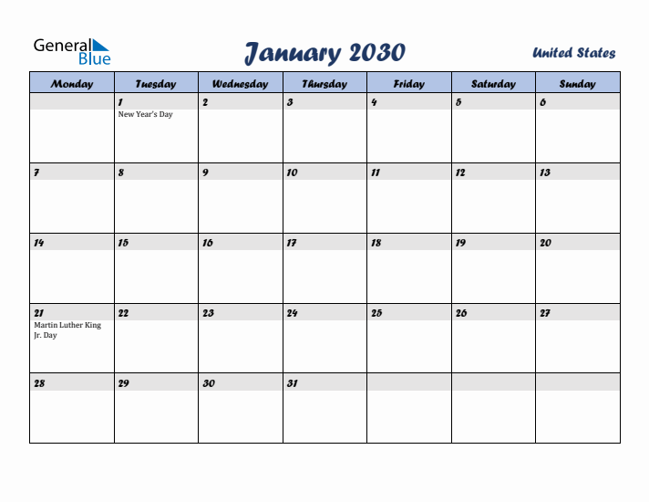 January 2030 Calendar with Holidays in United States