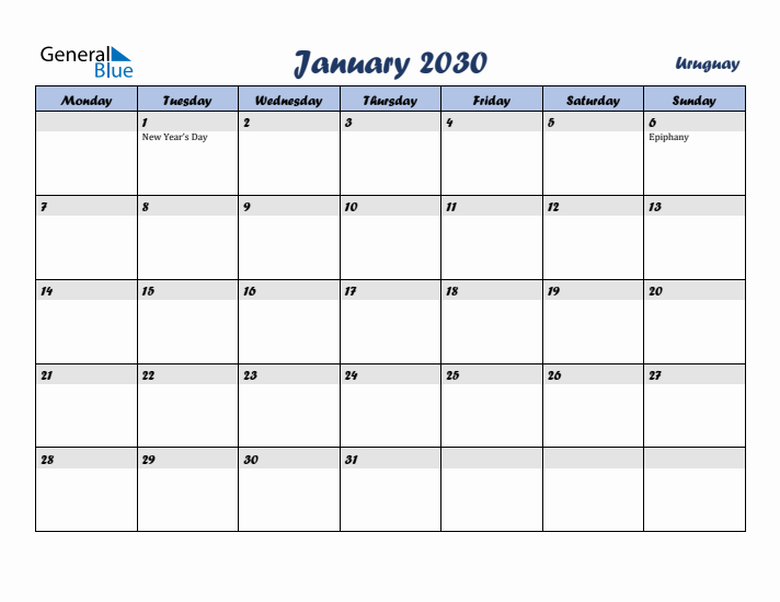 January 2030 Calendar with Holidays in Uruguay