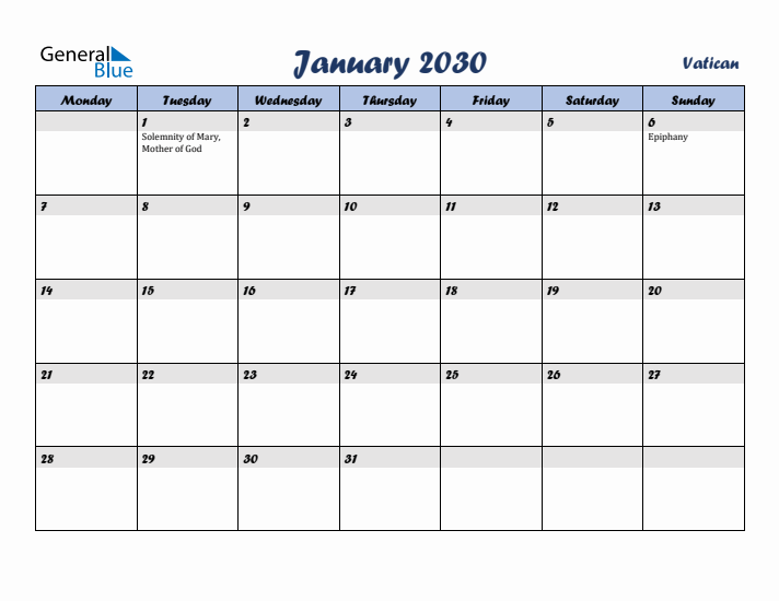 January 2030 Calendar with Holidays in Vatican