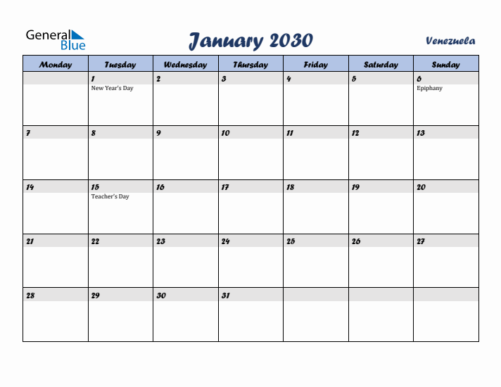 January 2030 Calendar with Holidays in Venezuela