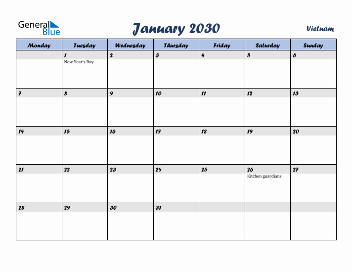 January 2030 Calendar with Holidays in Vietnam