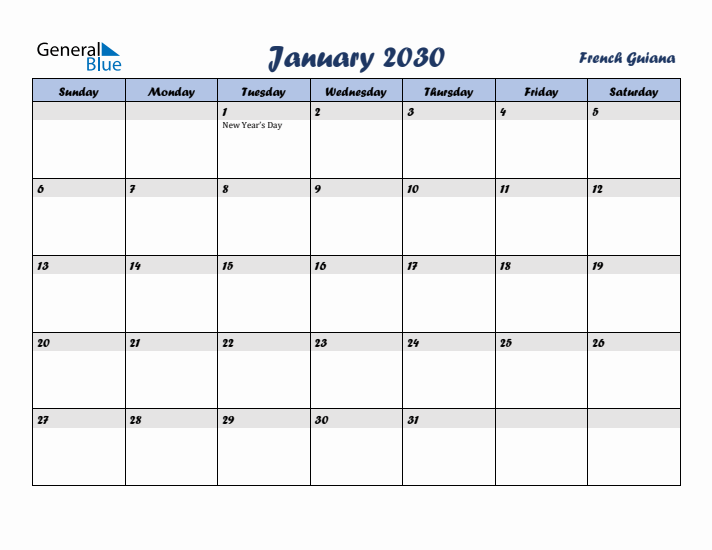 January 2030 Calendar with Holidays in French Guiana