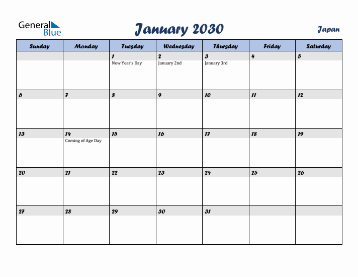 January 2030 Calendar with Holidays in Japan