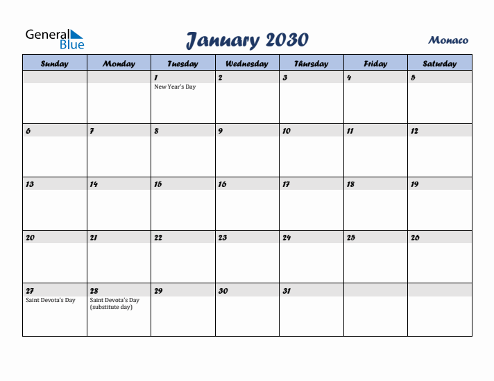 January 2030 Calendar with Holidays in Monaco