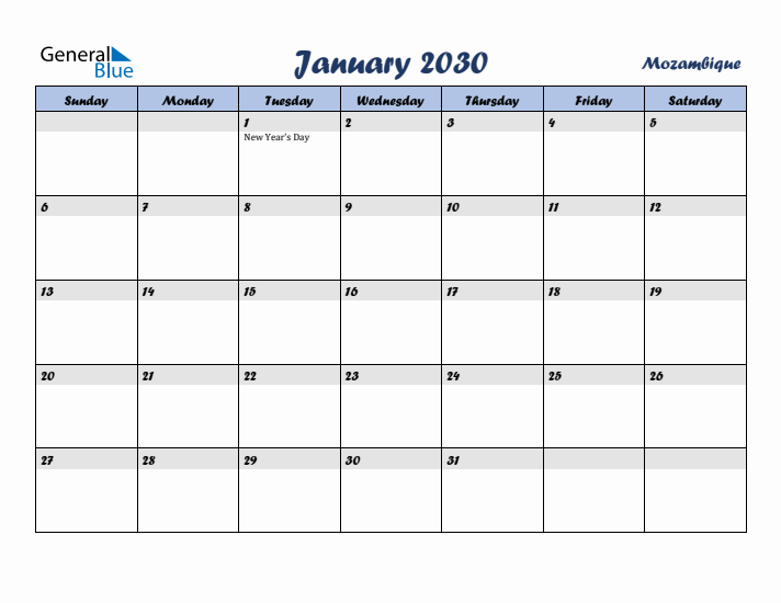 January 2030 Calendar with Holidays in Mozambique