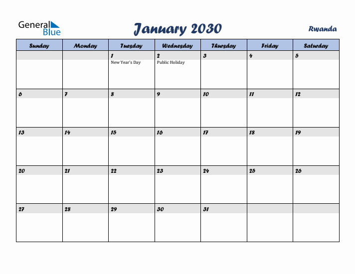 January 2030 Calendar with Holidays in Rwanda