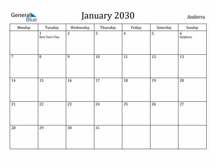 January 2030 Calendar Andorra