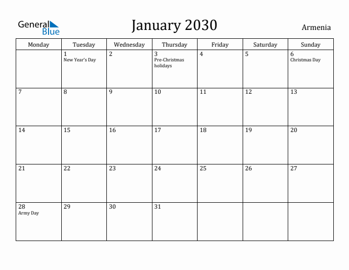 January 2030 Calendar Armenia