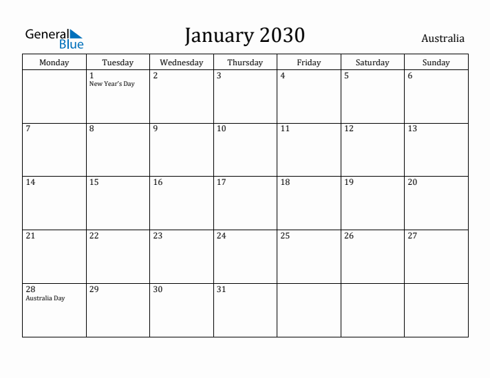 January 2030 Calendar Australia