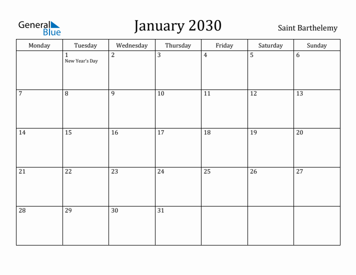 January 2030 Calendar Saint Barthelemy