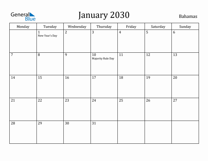 January 2030 Calendar Bahamas