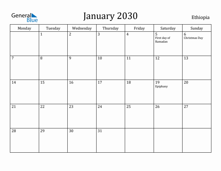 January 2030 Calendar Ethiopia