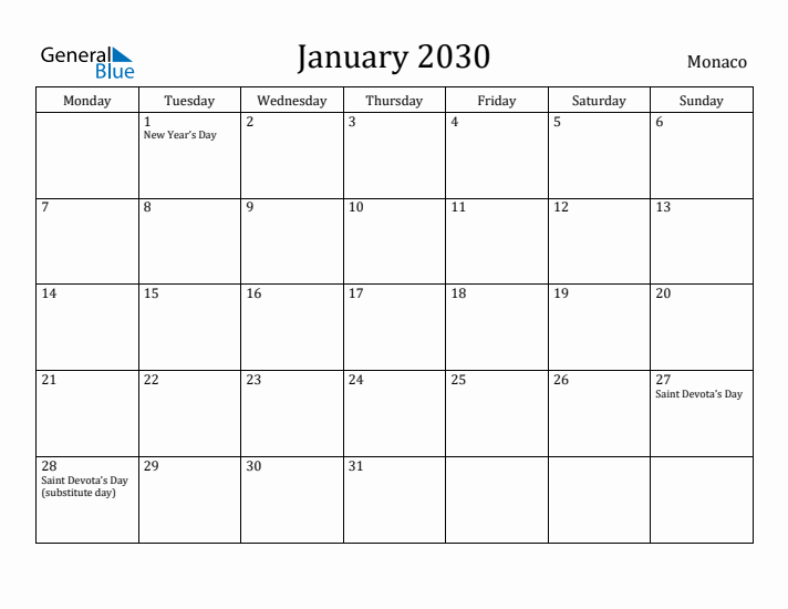 January 2030 Calendar Monaco