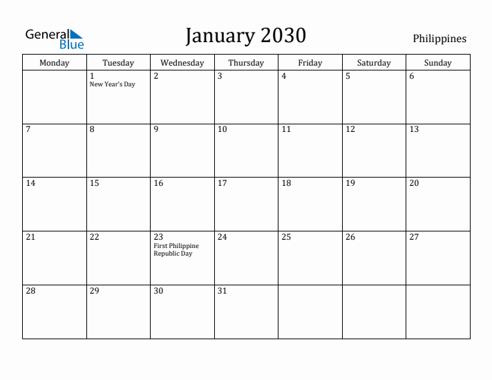 January 2030 Calendar Philippines