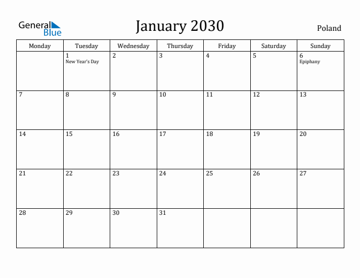 January 2030 Calendar Poland