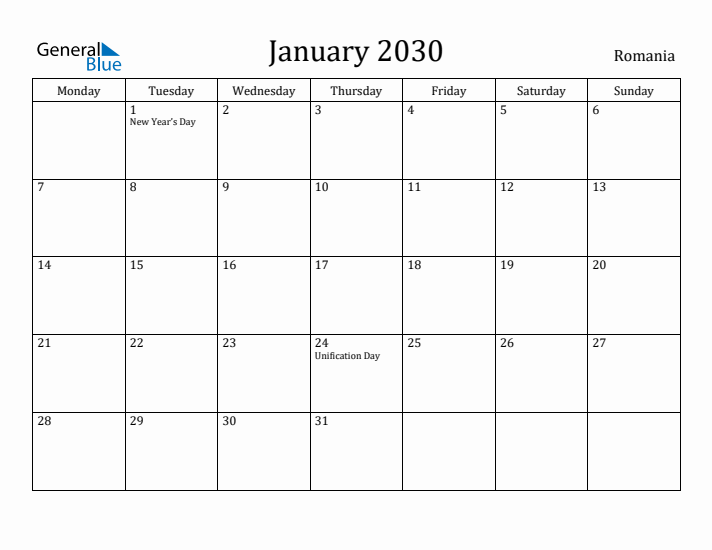 January 2030 Calendar Romania