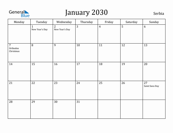 January 2030 Calendar Serbia