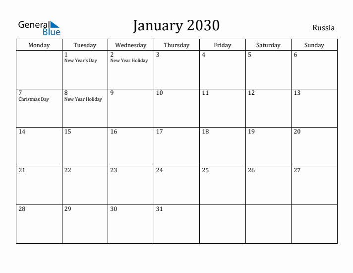 January 2030 Calendar Russia