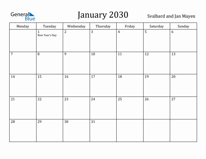 January 2030 Calendar Svalbard and Jan Mayen