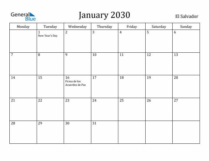 January 2030 Calendar El Salvador