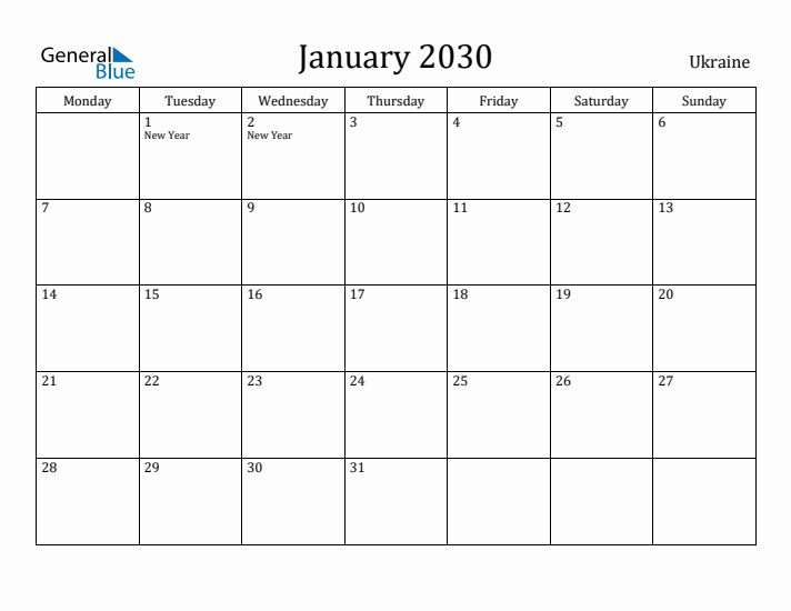 January 2030 Calendar Ukraine