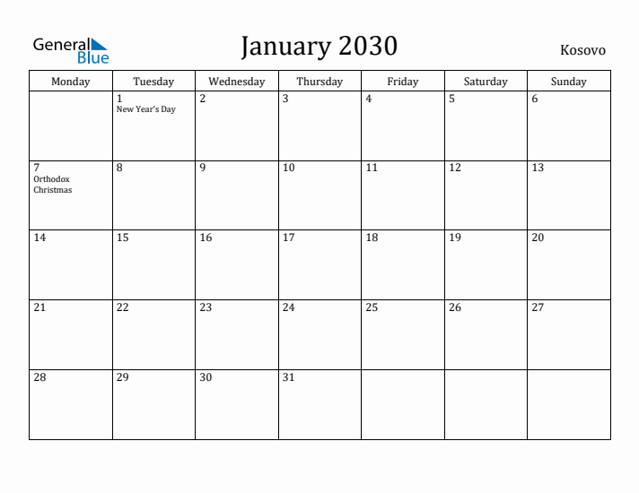 January 2030 Calendar Kosovo