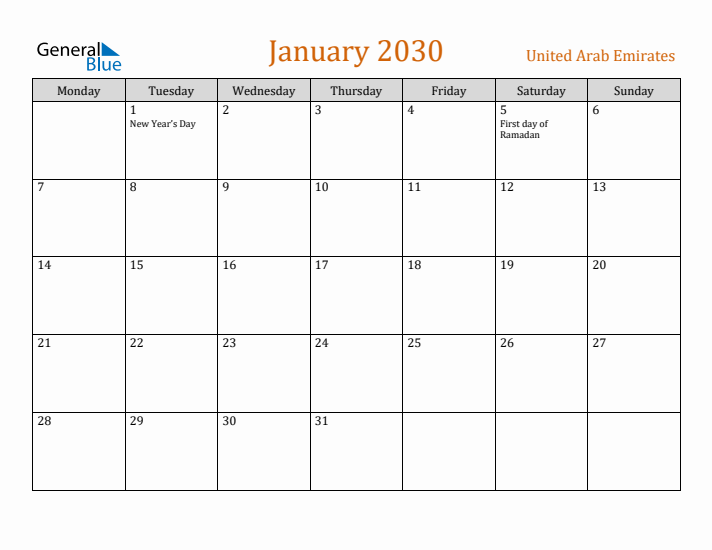 January 2030 Holiday Calendar with Monday Start