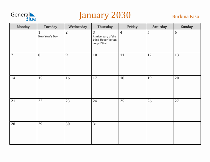 January 2030 Holiday Calendar with Monday Start