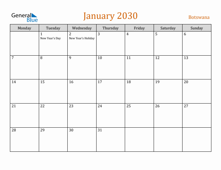 January 2030 Holiday Calendar with Monday Start